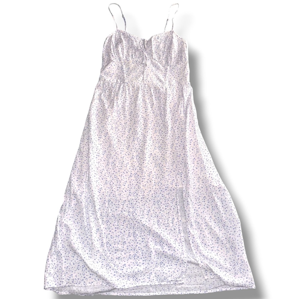 Hollister Midi Dress Womens Large White Blue Ditsy Floral Slit Smocked Back AOP